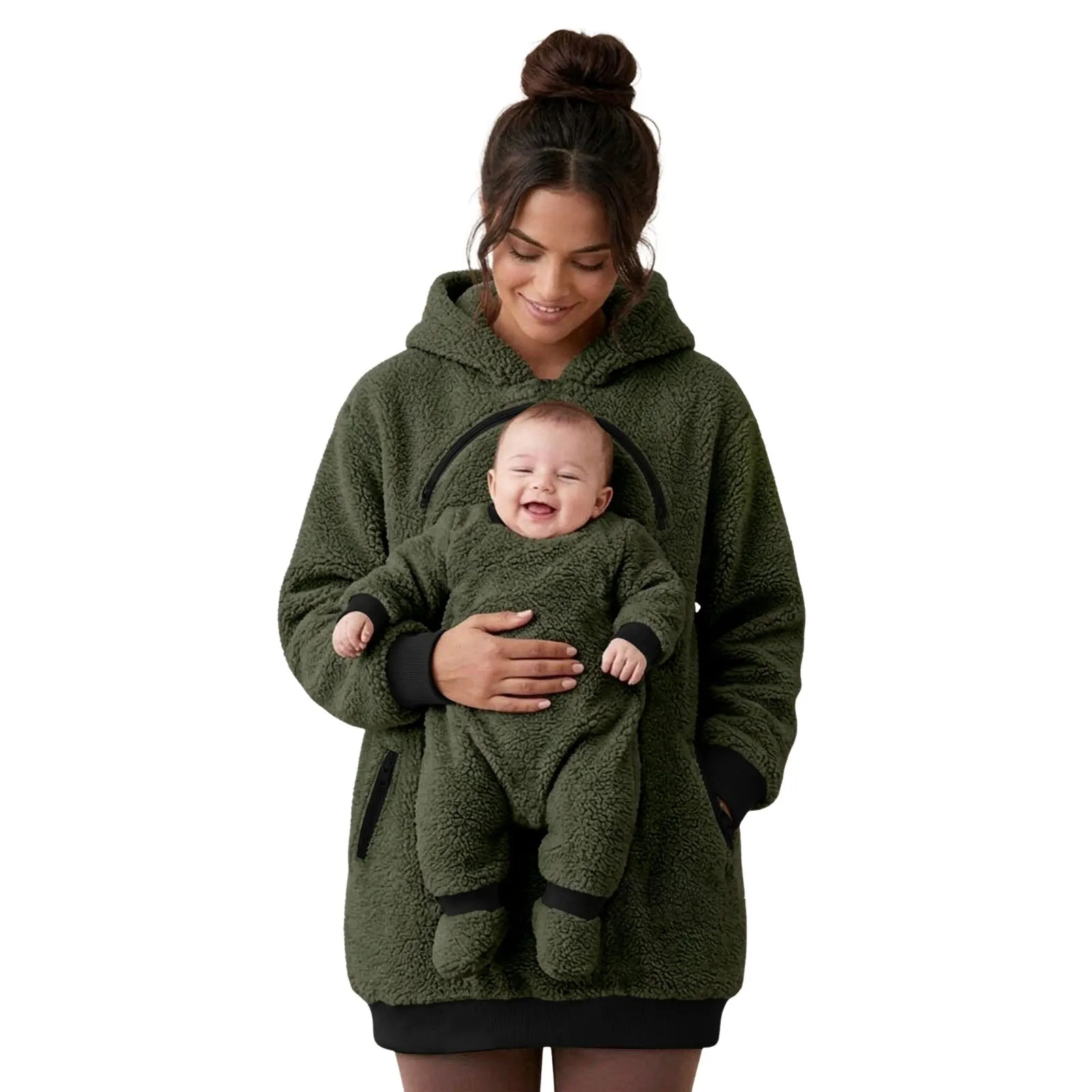 Women’s 2-in-1 Fleece Hoodie Jacket with Baby Carrier Pocket, Warm Plush Maternity Sweatshirt, Long Sleeve Outdoor Coat